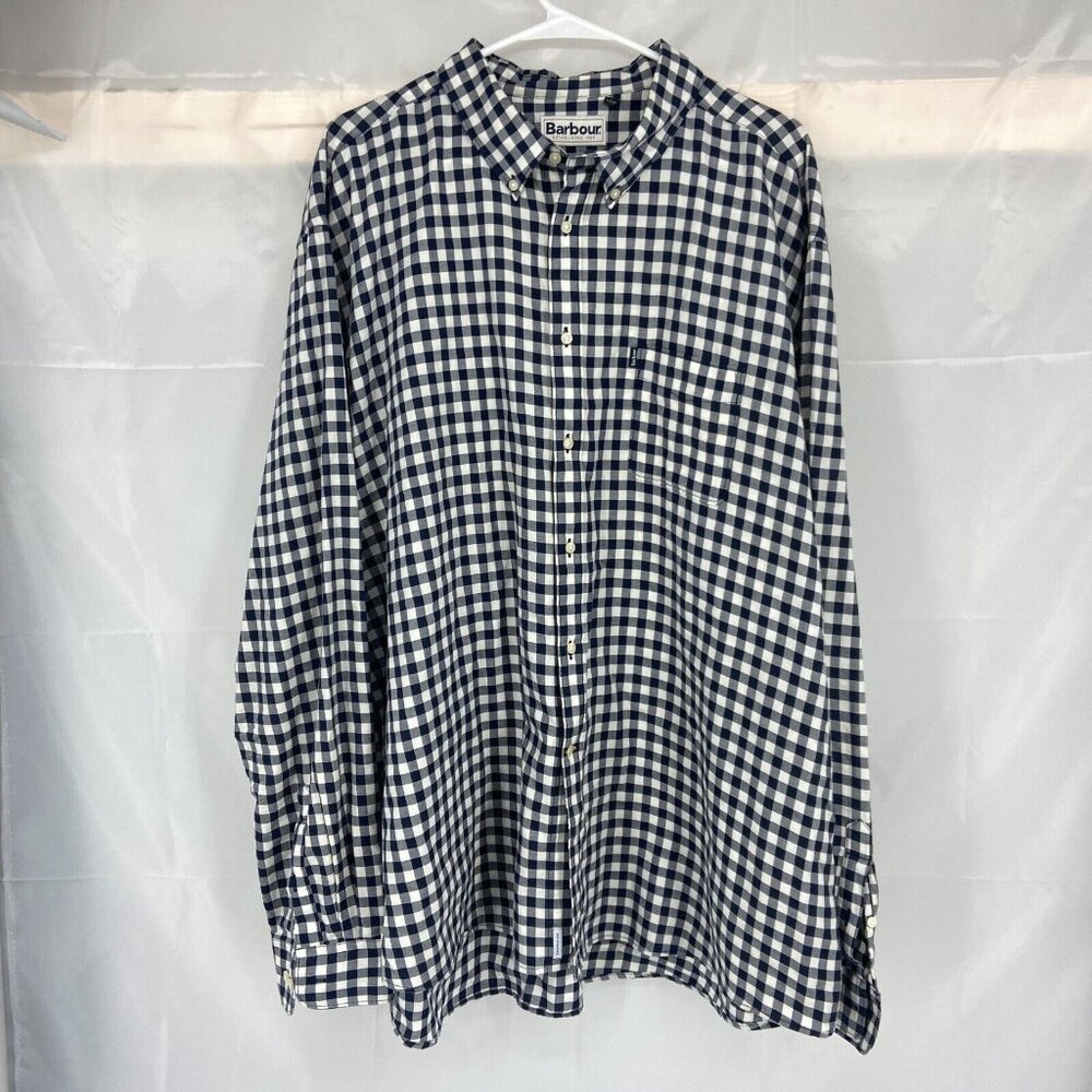 Barbour Men 2XL Button Down Shirt Long Sleeve Navy Blue Checker Plaid Casual